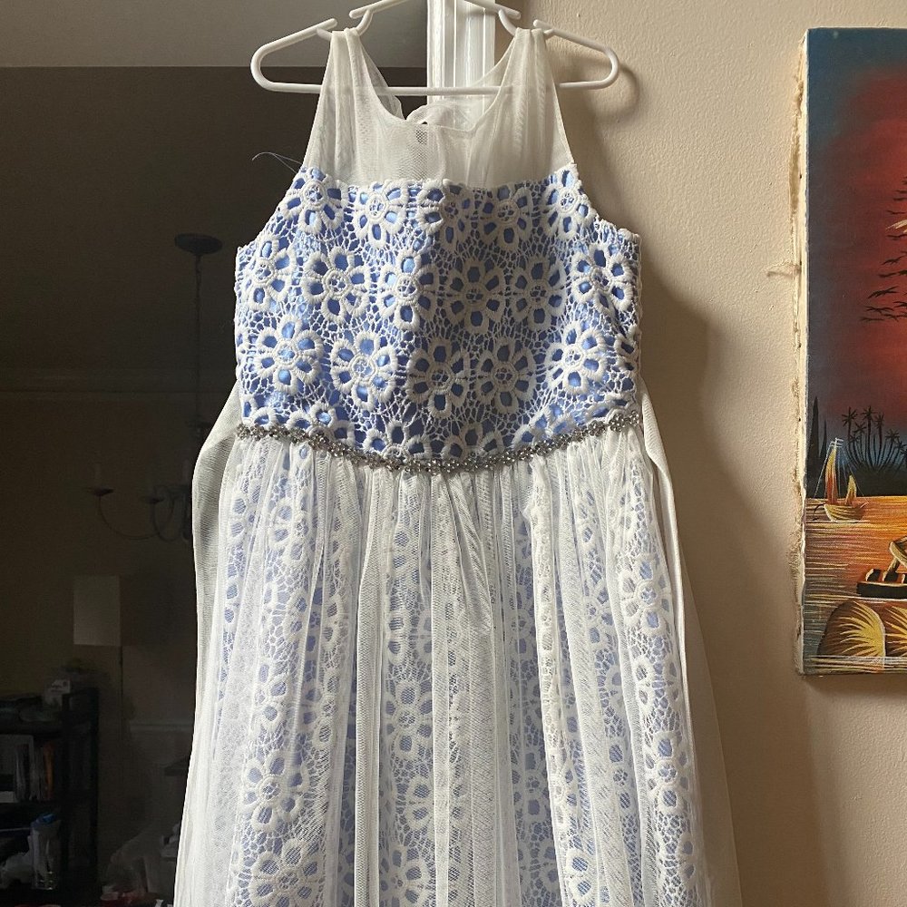 White lace and blue satin Youth Dress